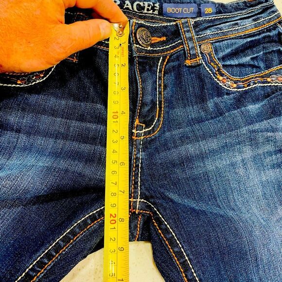 Grace in LA Women's Boot Cut Jeans - Dark Blue with Brown Embroidery - Picture 7 of 13